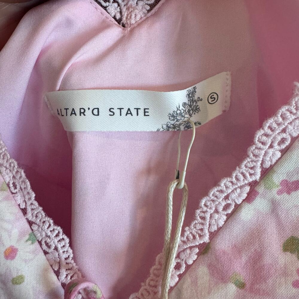 NWT Altar’d State Pink Floral Lace Trim Tie Back Mini Dress Small - Picture 6 of 9